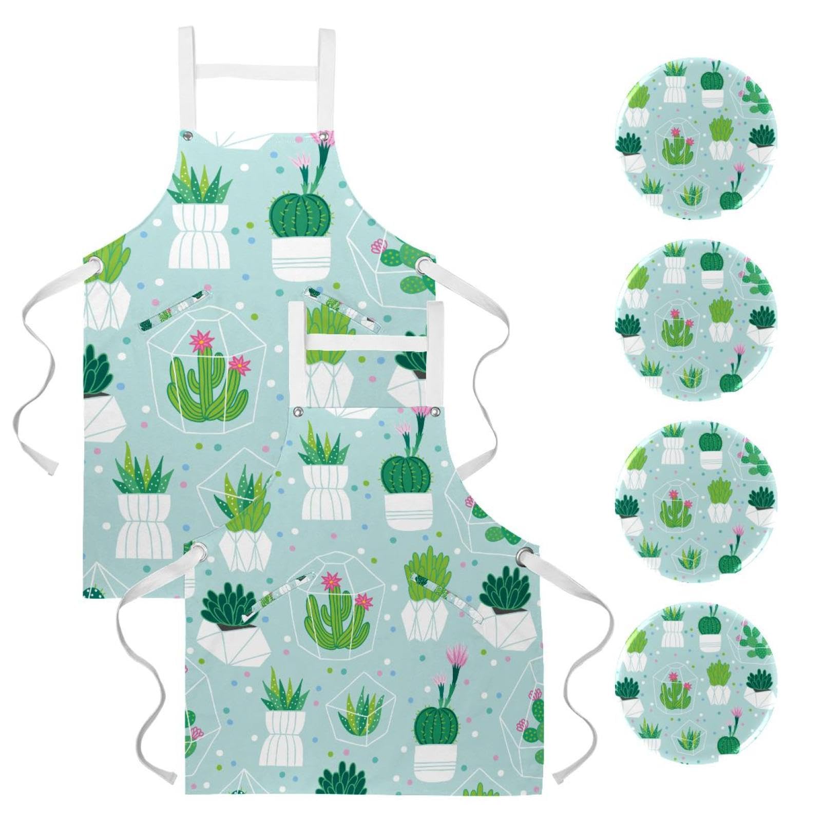 Tablier de cuisine motif cactus plantes vertes avec broches - 7
