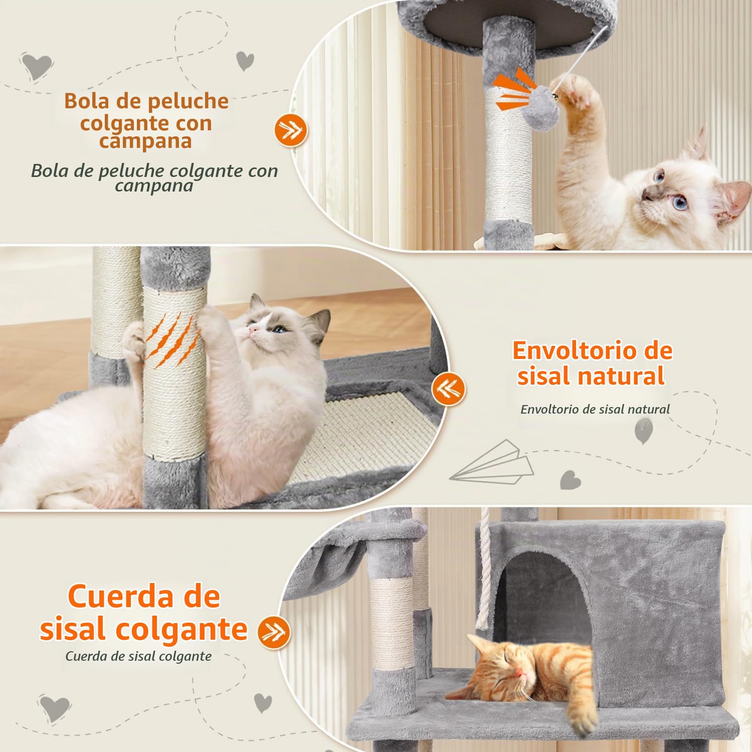 Nobleza Árbol Rascador para Gatos Grande 168cm, Torre de Actividades Multinivel con 9 Postes de Sisal, 2 Nidos, Hamaca y Pompón, Gris
