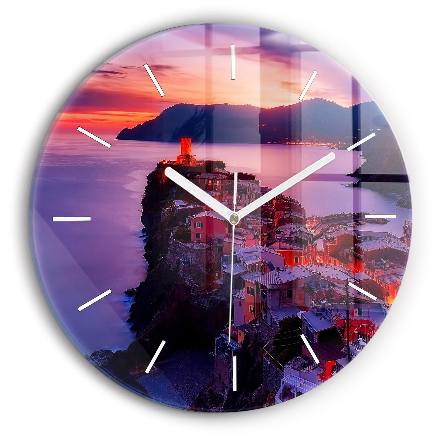 Horloge murale moderne Wallfluent en verre 30 cm avec mécanisme silencieux et décor lac