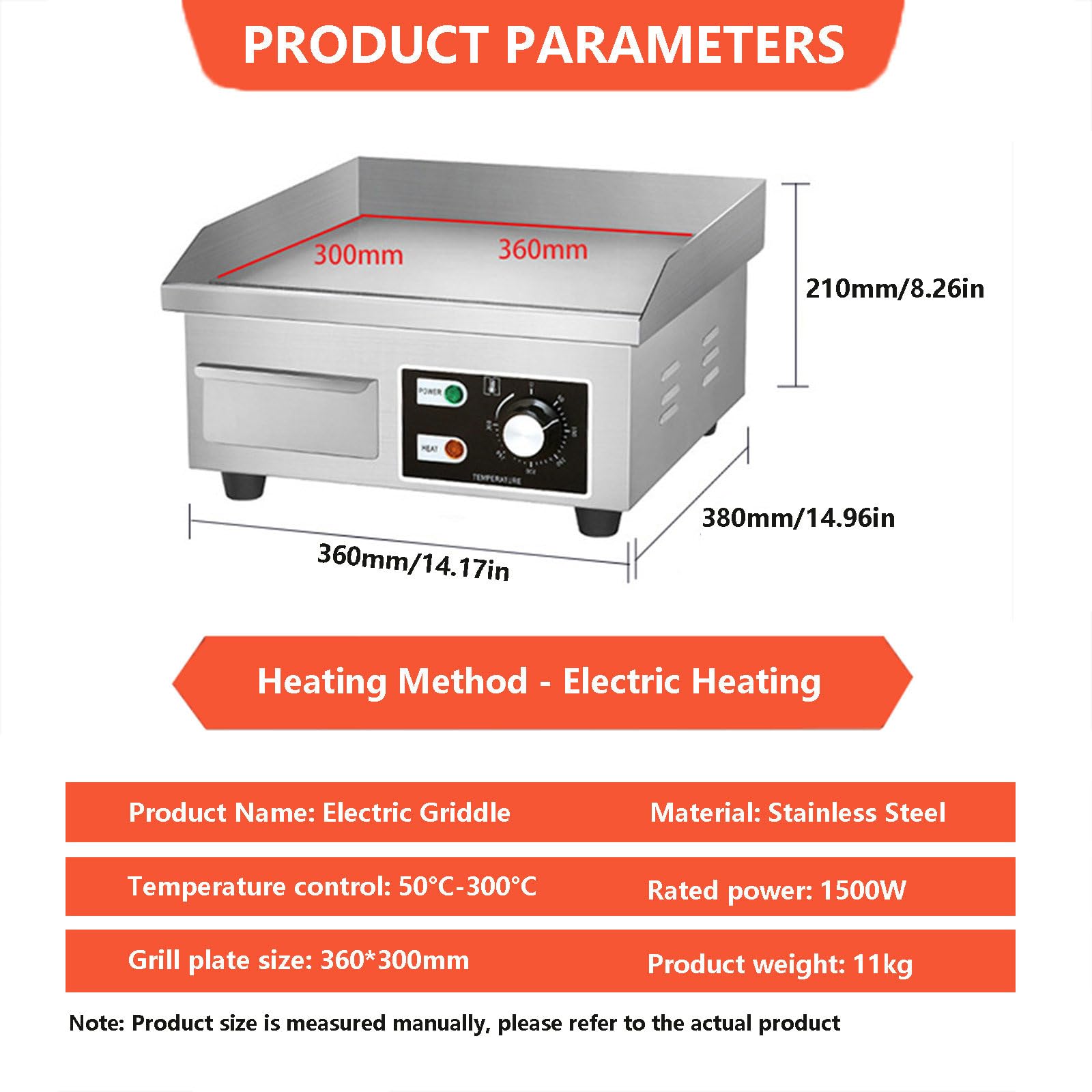 Piastra elettrica Commerciale 50℃-300℃ Piano Cottura Elettrico/Piastra da banco in Acciaio Inox con Controllo della Temperatura/Piastra Piana da Cucina per friggere Pancetta e Bistecca,1500W
