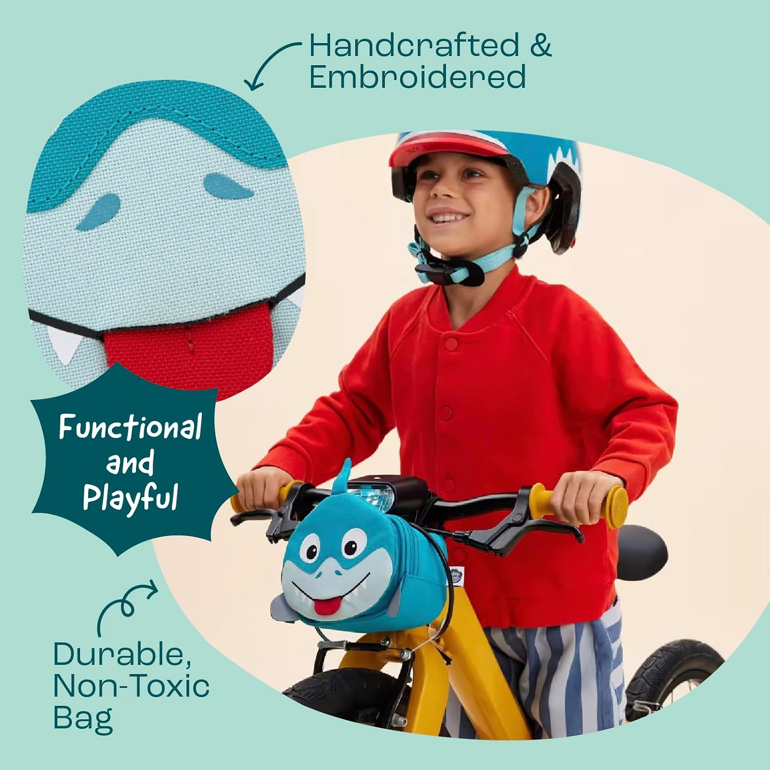 Affenzahn - Handlebar Bag - Toddlers/Kids Animal Bike & Scooter Bag - For Front Handle - Pull-Out Tongue & Reflective - Water-Repellant -Hook & Loop Fastener -Easy to Clean -For Boys/Girls -1 L -Shark
