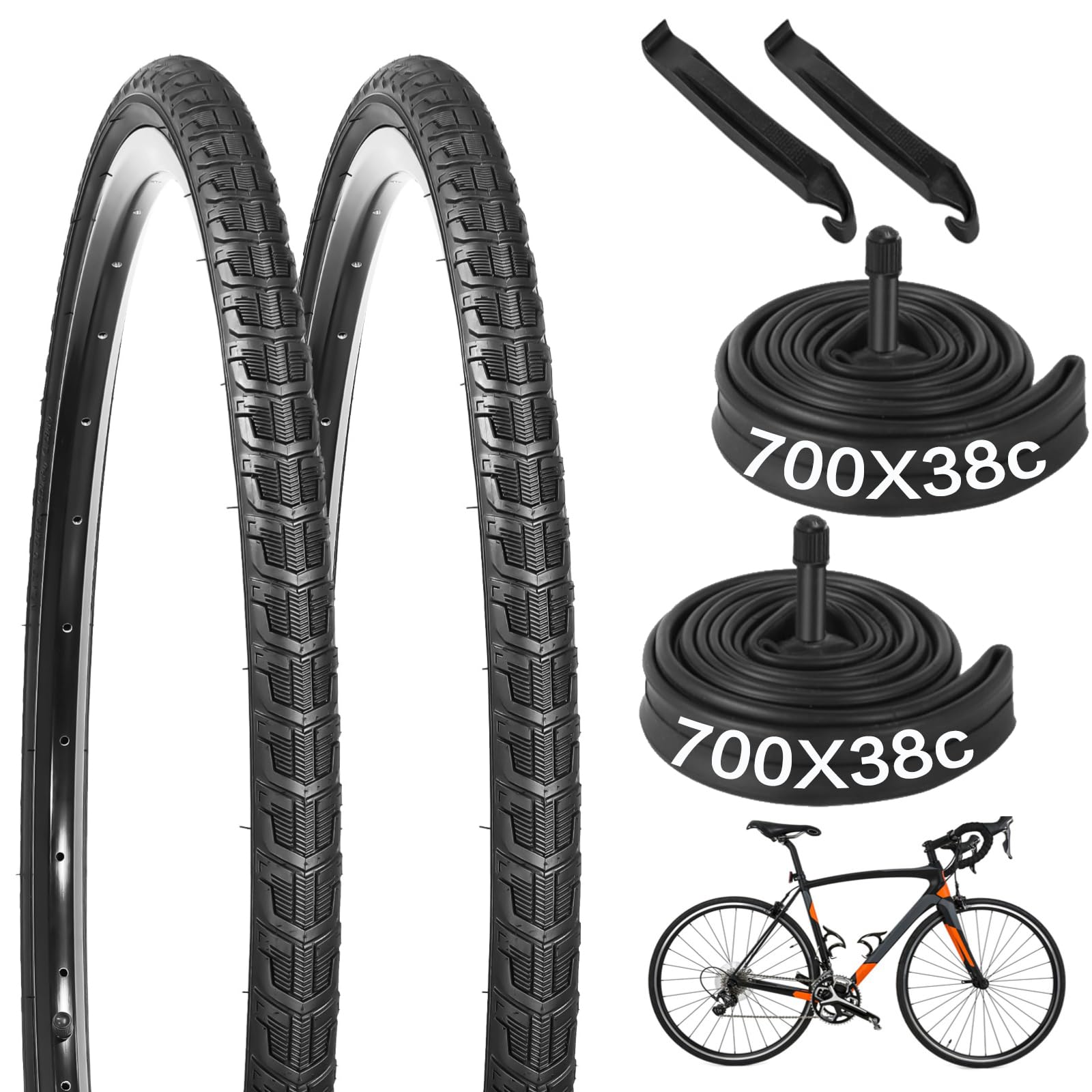 Photo 1 of 2 PCS 700x38c Bike Tires and 2 PCS 700 x 35/43C Bike Inner Tubes with Valve 48mm, Bicycle Tires 700x38c with 2 Tire Levers, Replacement 700c Gravel Tires for Road Bicycle Gravel Bike