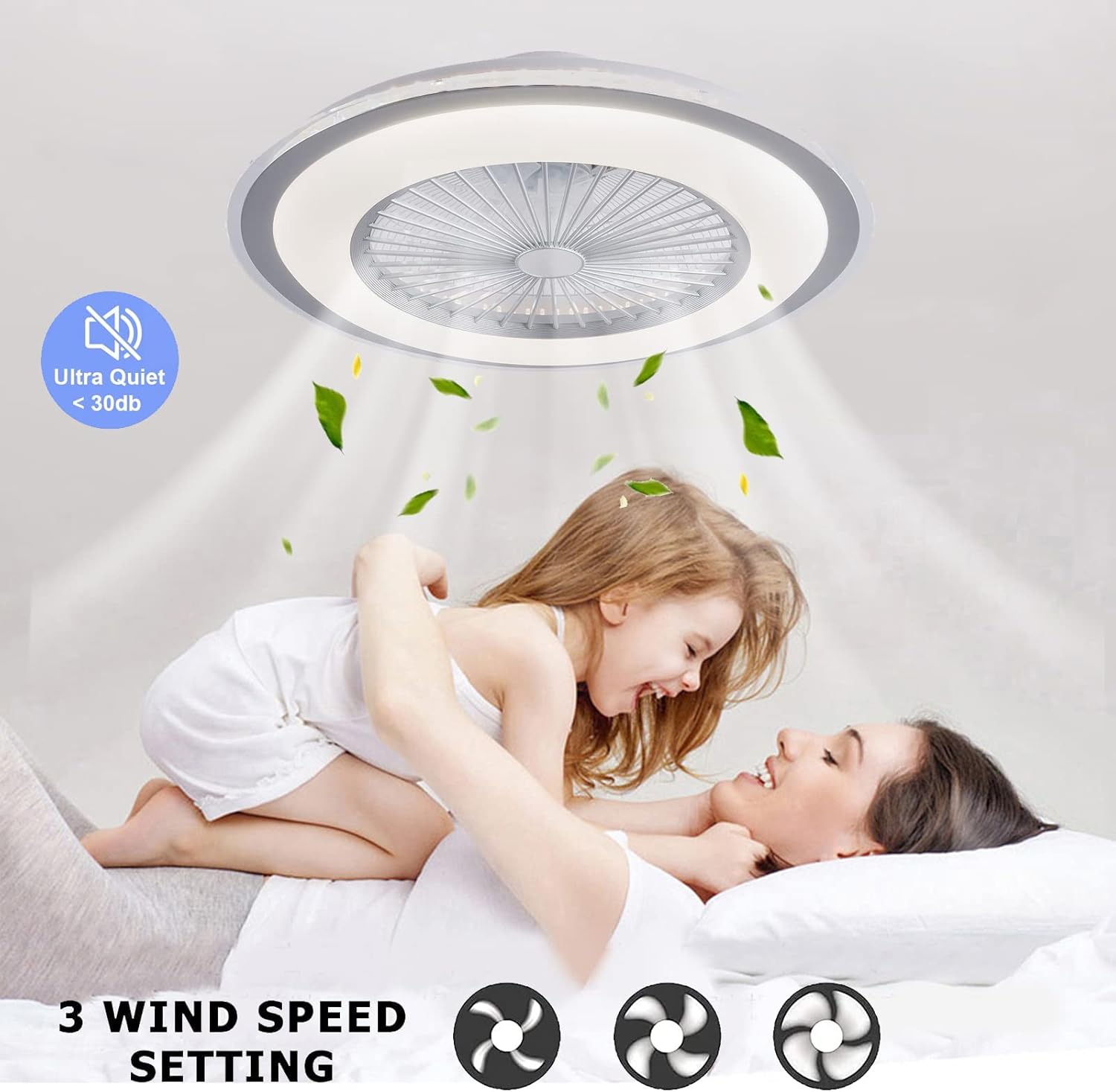 The ceiling fan operating quietly (under 30db) with three distinct wind speed settings indicated by fan blade icons.