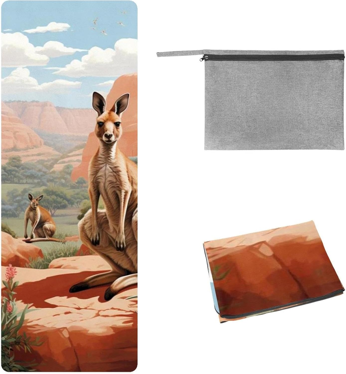 Yoga Towel, Kangaroo Pattern Non Slip Sweat Absorbent Hot Yoga Mat Towel for Hot Yoga, Pilates and Fitness - 72.8" x 26.8"
