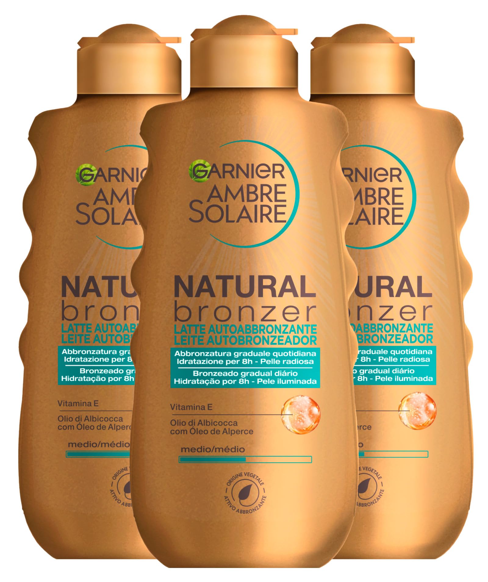Garnier Ambre Solaire Natural Bronzer Selbstbräunungsmilch mit Aprikosenöl und Vitamin E, 3 Flaschen à 175ml