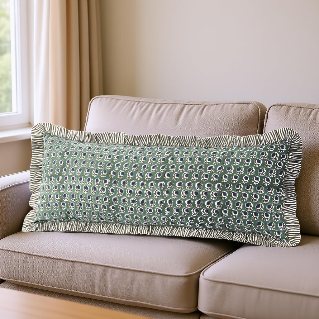 Ridhi Basil Green 100% Cotton Block Print Ruffle Lumbar Sham Cover Handmade Boho Floral Pillowcase, Farmhouse Cottagecore Bedding, Soft Decorative Cushion Cover for Bedroom Décor 14 x 36 Inch
