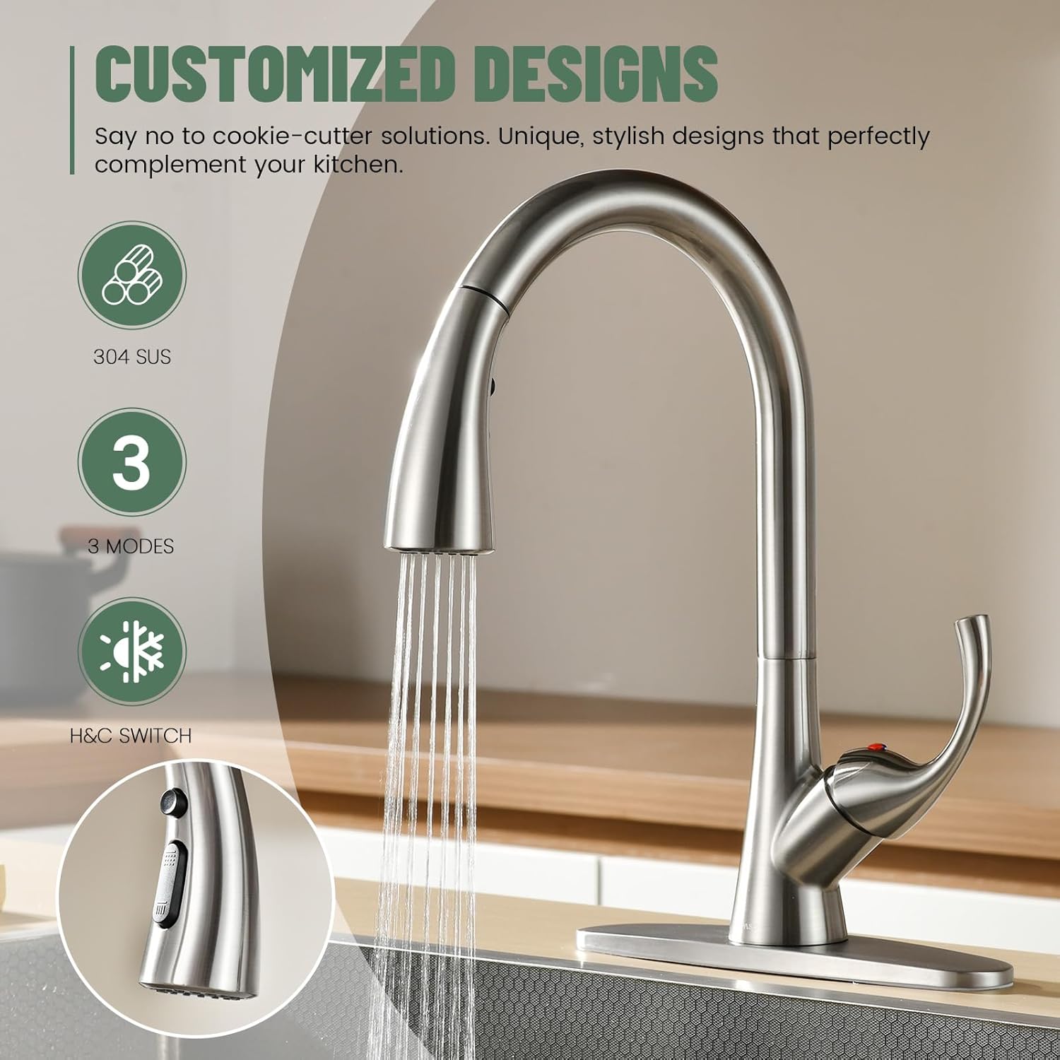 APPASO Brushed Nickel Kitchen Faucet with Pull Down Sprayer, 3-Function Spray Head, 360° Swivel, 20-Inch Hose, Single Handle High Arc Sink Faucet with Deck Plate for 1-3 Hole Sink, Unique Design