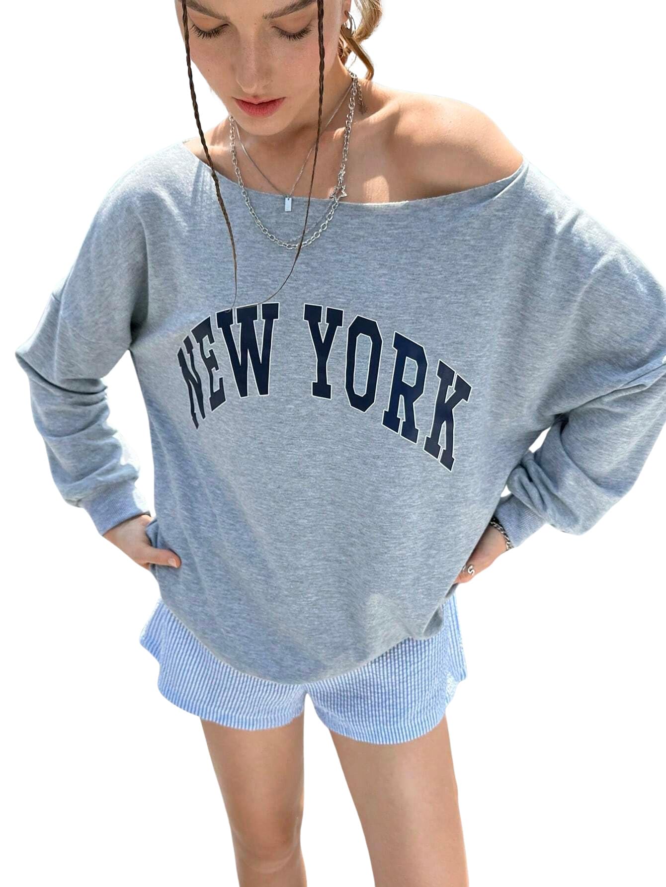 sxv style New York Graphic Print Oversized Sweatshirt, Grey, Off-Shoulder Style-picture-39