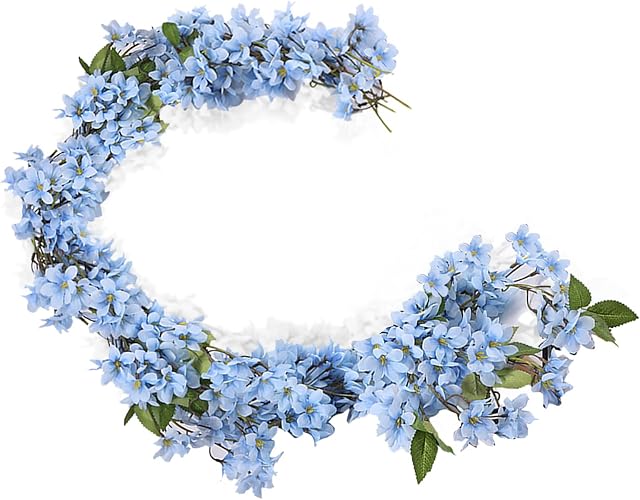 NCOALE Cherry Blossom Artificial Flowers, Artificial Plant Rattan 5.7FT Hanging Vine Artificial Flower Garland, for Home Garden Party Wedding Decor 2 Pcs (Blue)