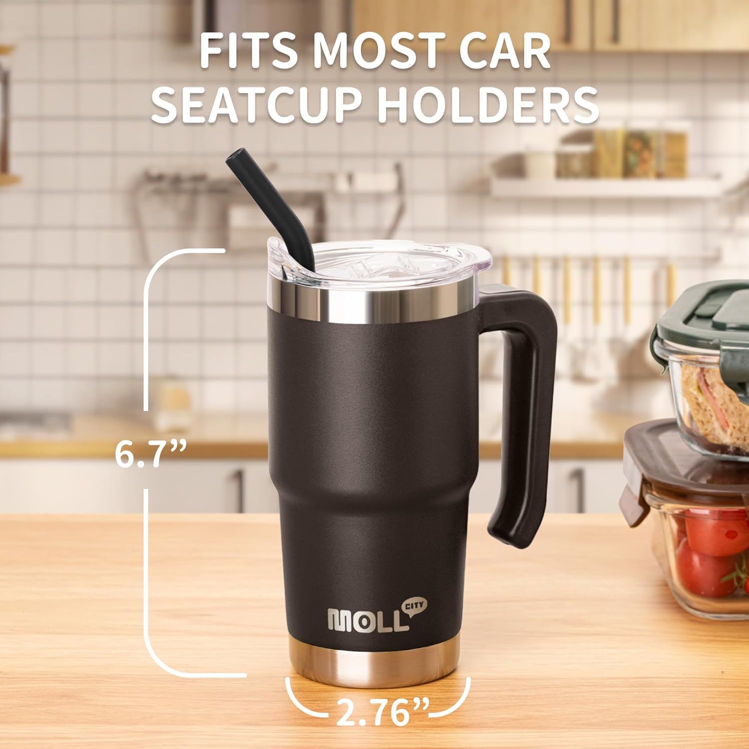 Mollcity Travel Coffee Mug with Handle-16 oz Stainless Steel Vacuum Insulated Tumbler with Lid and Straw-Reusable Metal Cup with Silicone Pad, Leak Proof-BPA Free (Black)