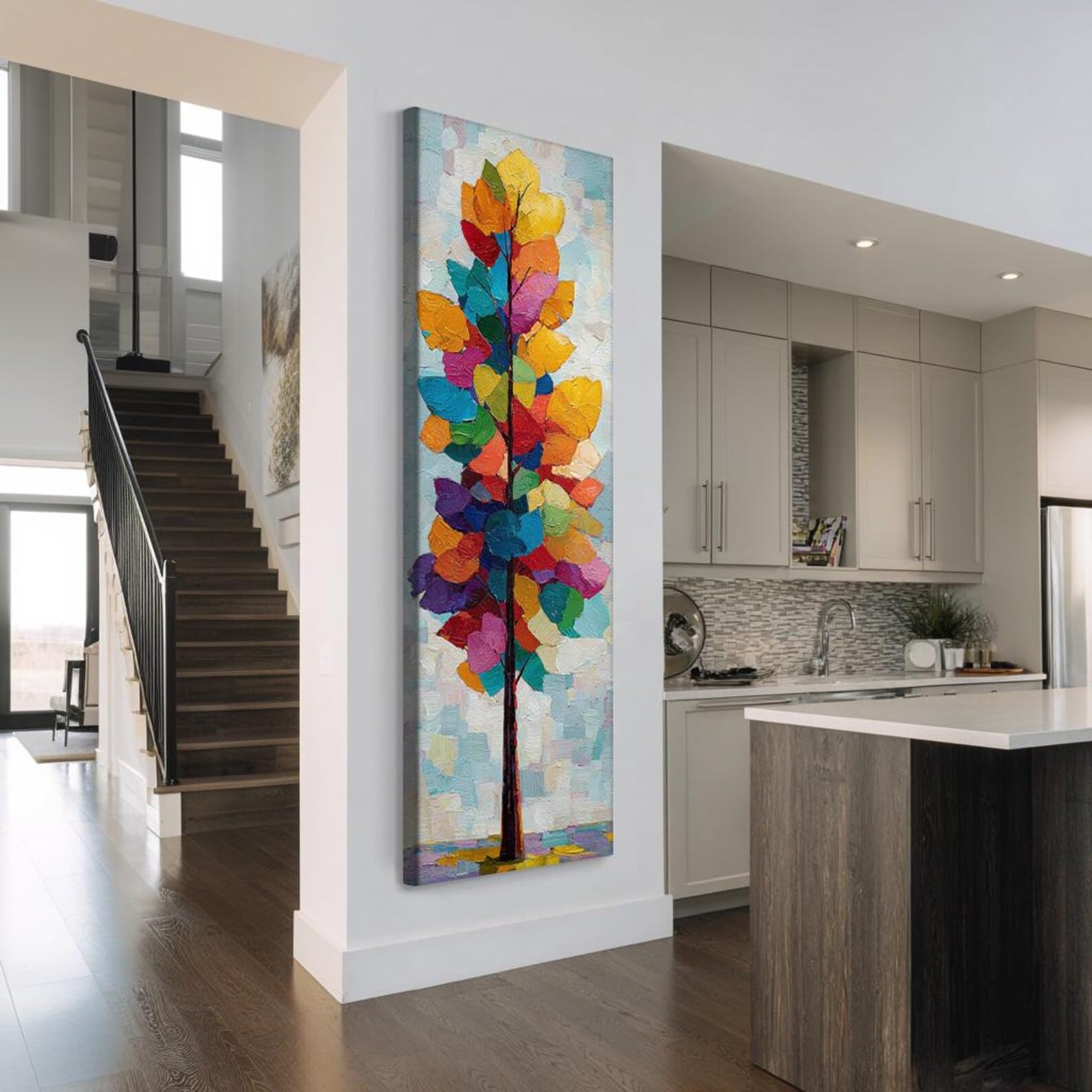 Cuadro de pared con diseño de árbol alto y delgado, arte abstracto para pared, póster vertical enmarcado para decoración de habitaciones, recibidores y oficinas (65 x 195 cm/sin marco).