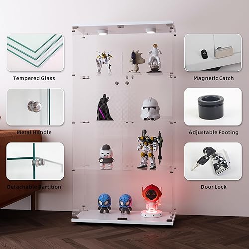 Miniatura 21 de FANYUSHOW Vitrina de cristal templado con 4 estantes con cerradura de seguridad, estante de exhibición de 0.197 in para sala de Blanco,Negro