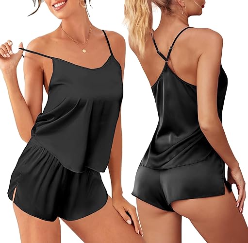 Ekouaer Silk Pajamas Set for Women Satin Lingerie Pjs Cami Top and Shorts Soft 2 Piece Nightwear - Black - Small