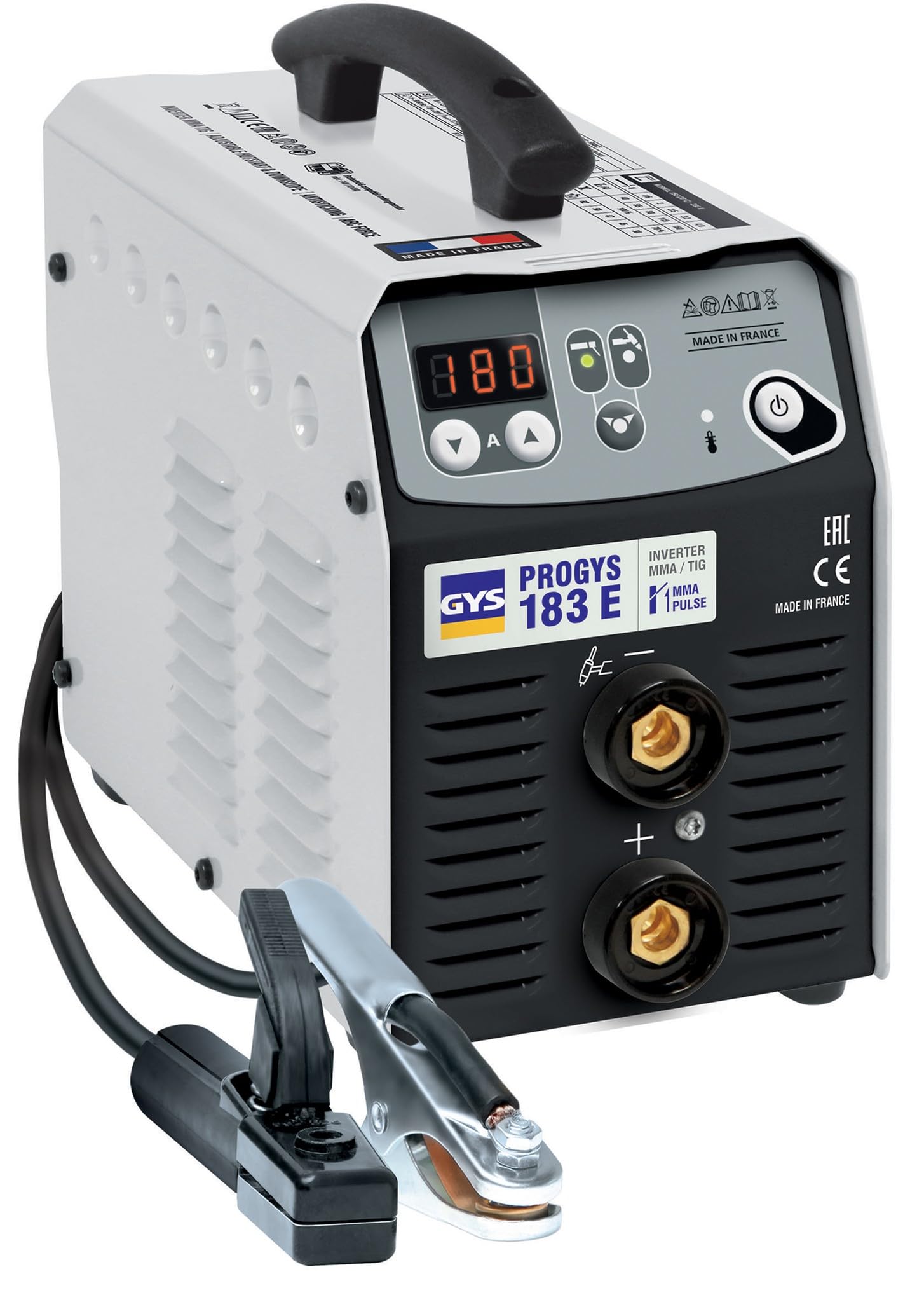 GYS, PROGYS 183E, Schweißgerät mit überzogener Elektrode, 180 A, einphasig, 230 V (MMA), TIG DC, Lift, MMA, Pulse, Digital, mit Koffer, Elektrodenhalter, Massekabel