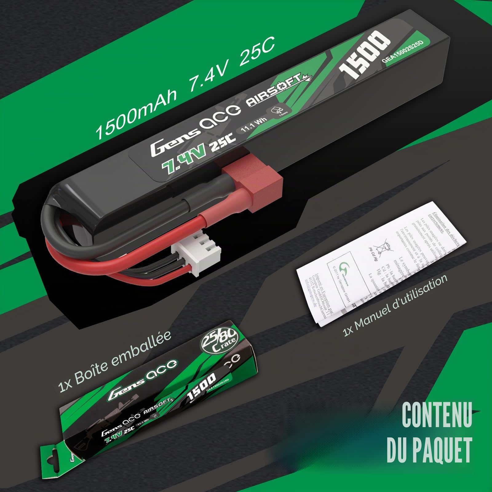 Gens Ace 2S 7,4V 1500mAh 25C Batterie LiPo avec Connecteur T-Plug (Deans), Batterie Rechargeable pour Modélisme et Loisirs, Format Stick Long