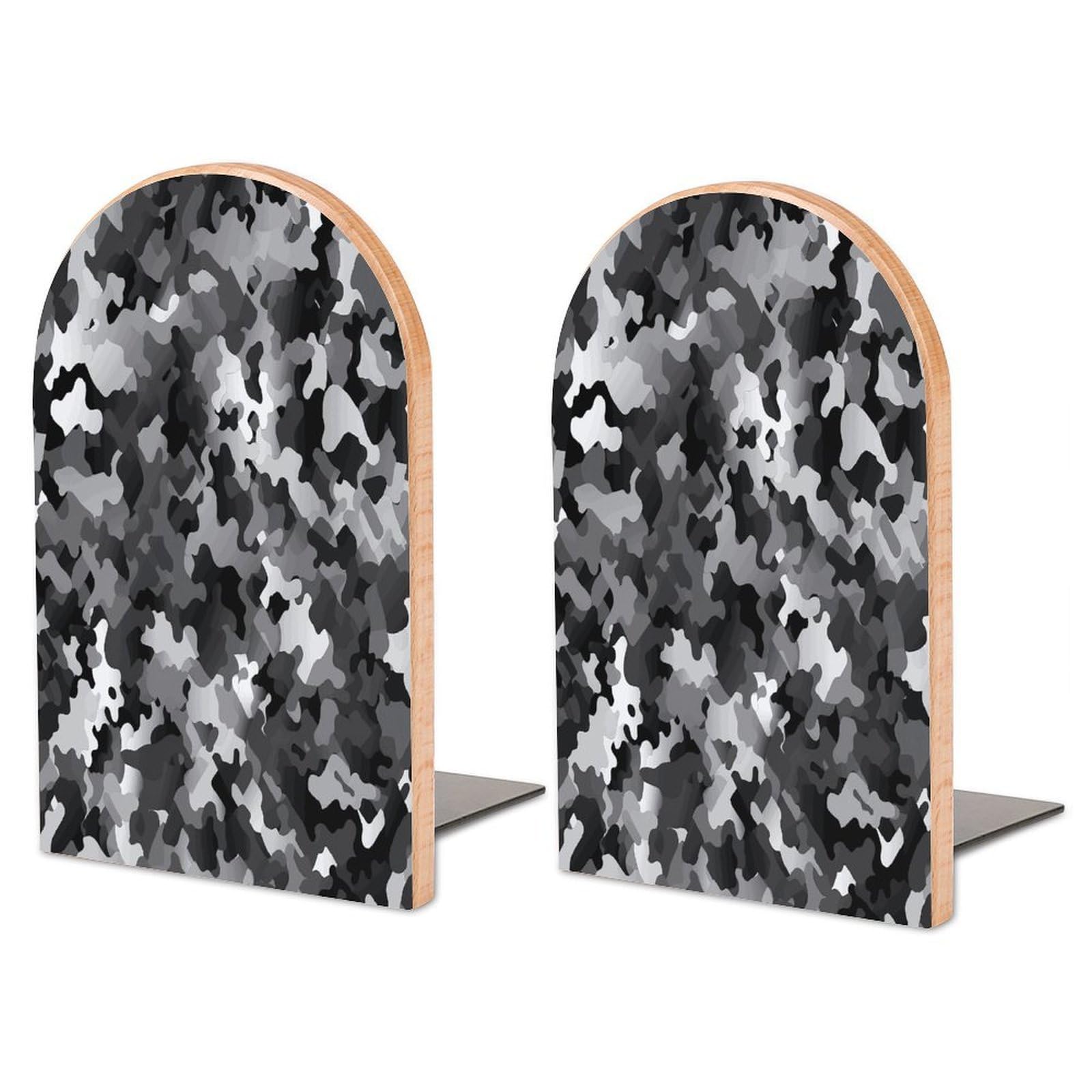 Black White Gray Camouflage Wood Bookend for Shelves 1 Pair