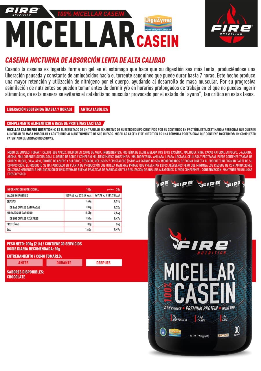 Fire Nutrition 100 % caséine micellaire 2 lb (908 g) chocolat, alimentation feu, protéines assimilées lentement, anticatabole, régénération musculaire, croissance musculaire, digezyme
