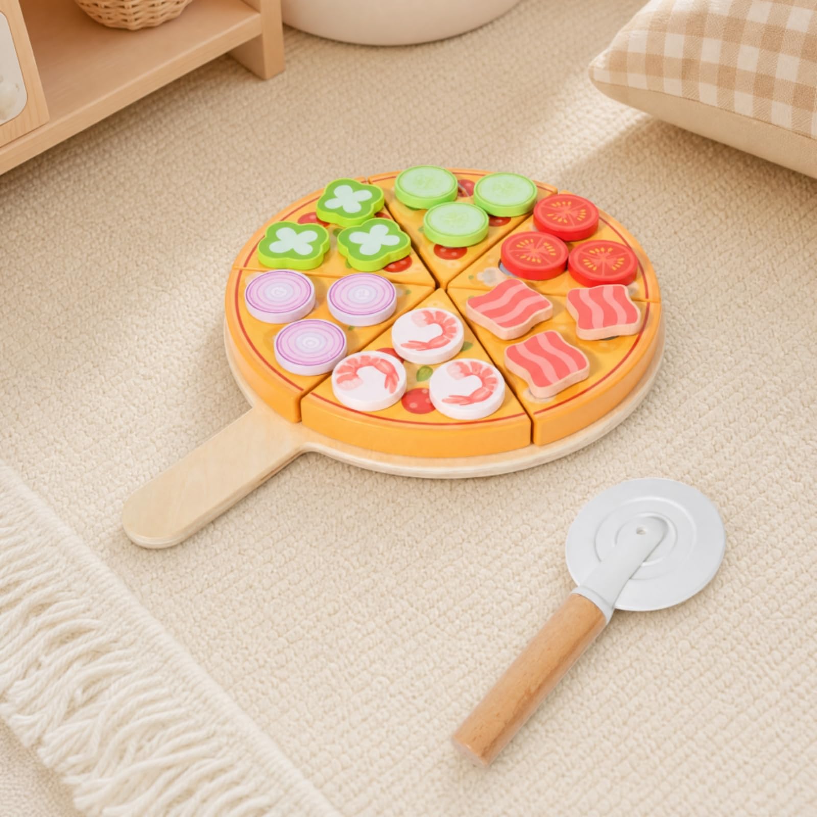 Set Pizza Giocattolo con Tagliapizza Educativo Pizza in Legno Giocattolo Creativo per Bambini in età Prescolare, Scuola Dell'infanzia