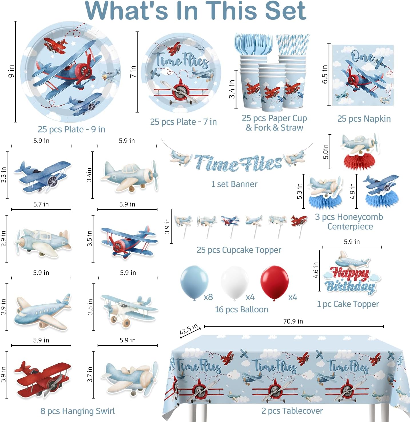 212 Pcs Airplane 1st Birthday Party Decorations, Time Flies Vintage Airplanes Party Paper Plates Napkins Set with 2 Pcs How Time Flies Table Cloth Plane Themed 1st Birthday Decorations Boy and Girl