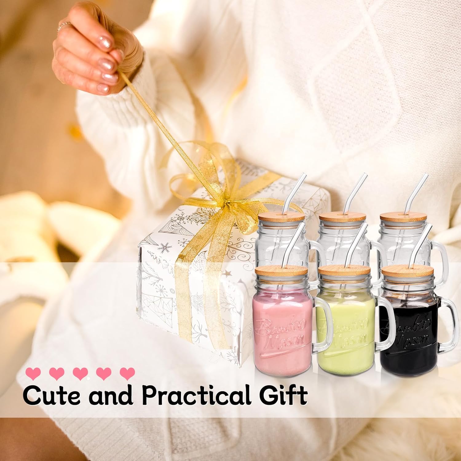 ANOTION Mason Jar Drinking Glasses - 16oz Mason Jars Glass Cups With Lids and Straws Iced Coffee Cup Mason Jar Juice Bottles Smoothie Cup Cute Mugs Glass Milk Bottle Vintage Glassware for Beverages - Image 6