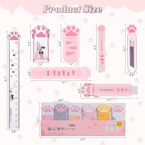 Miniatura 2 de Kogcmeetl Juego de 9 piezas de papelería de pata de gato kawaii, suministros escolares de oficina, incluye cinta de corrección de borrador,
