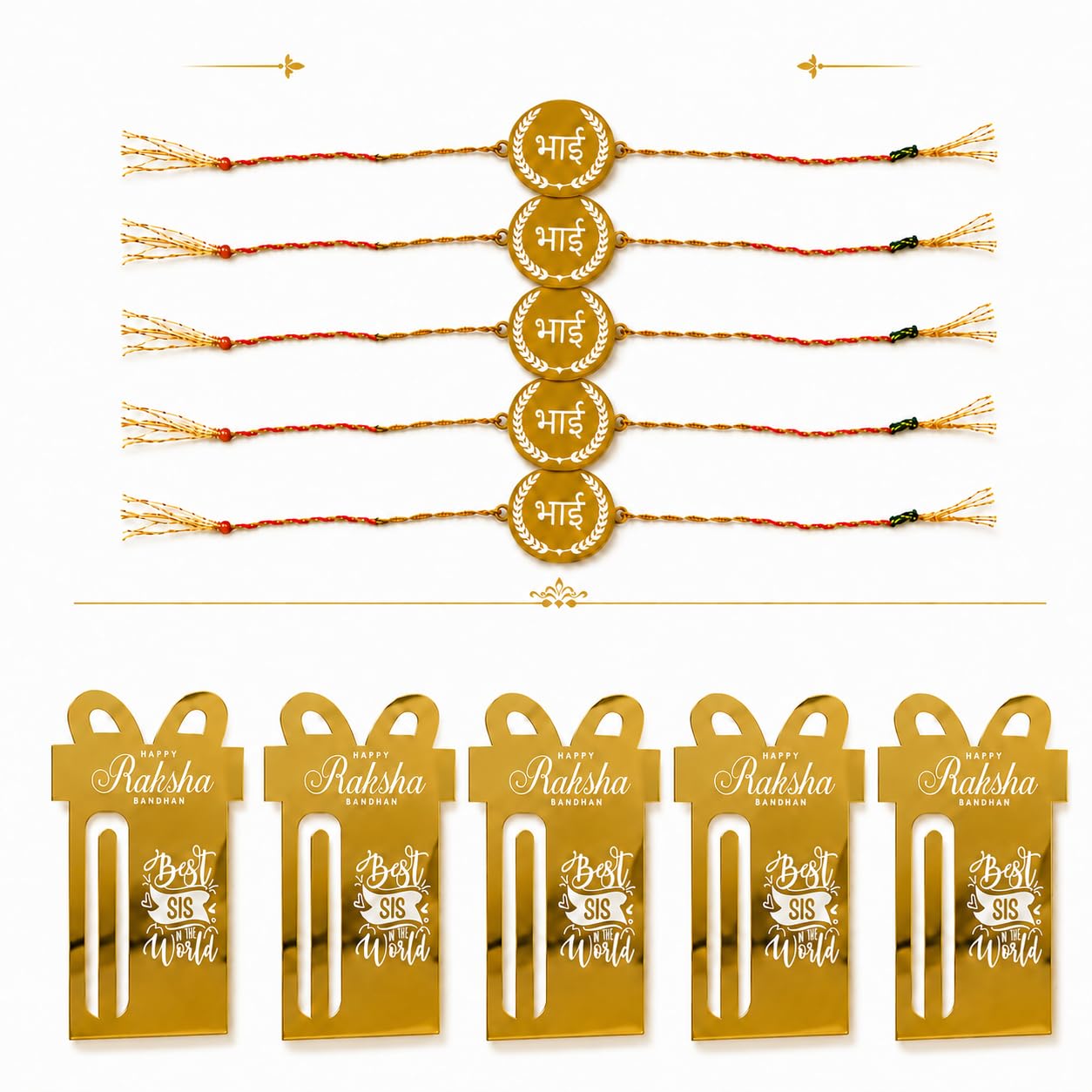 Tresneria Set of 5 Bhai Rakhis & Set of 5 Golden Acrylic Money Holders | Raksha Bandhan Gift Combo for Brother & Sister | Premium Mirror Acrylic Rakhi Set-image-17