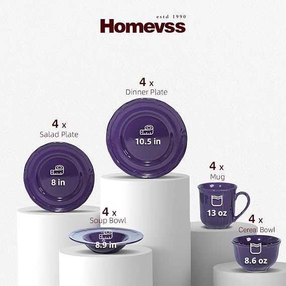Dinner Set, 20 Piece Stoneware Dinnerware Service for 4, Dining Ware Include Plates, Bowls and Mugs, Chip and Scratch Resistant, Microwave & Dishwasher Safe, Purple