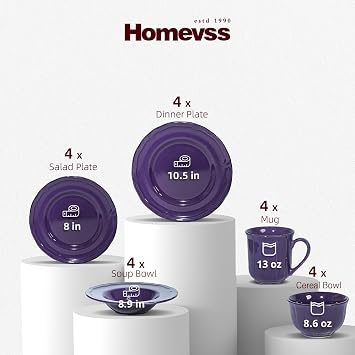 Dinner Set, 20 Piece Stoneware Dinnerware Service for 4, Dining Ware Include Plates, Bowls and Mugs, Chip and Scratch Resistant, Microwave & Dishwasher Safe, Purple