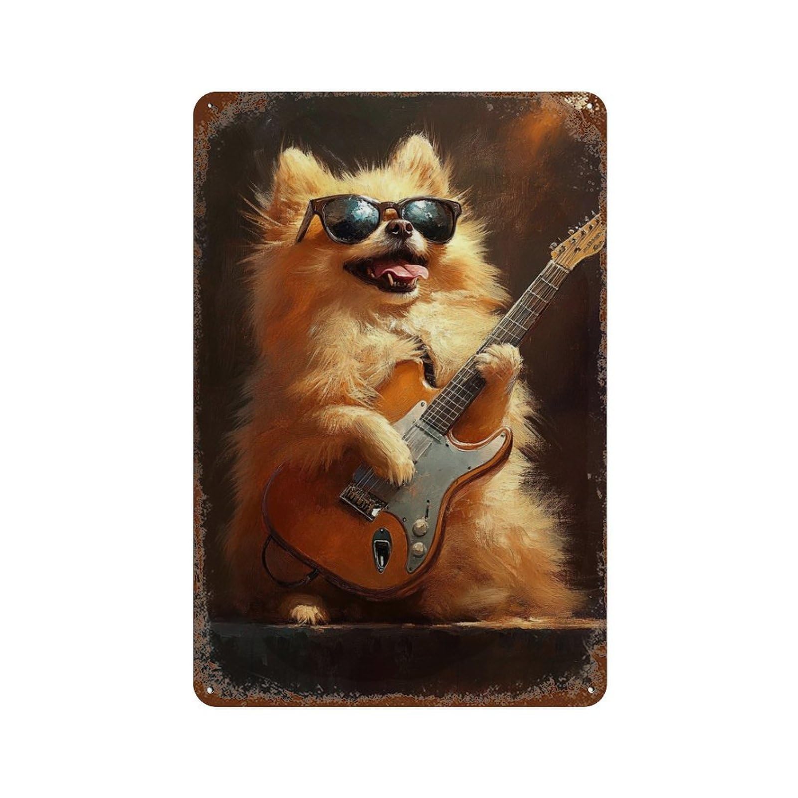 Rusty Metal Tin Sign with Pomeranian Playing Guitar Art Print Design 11.8"x7.9", for Farmhouse, Kitchen And Entryway Decor, Classic Wall Plaque