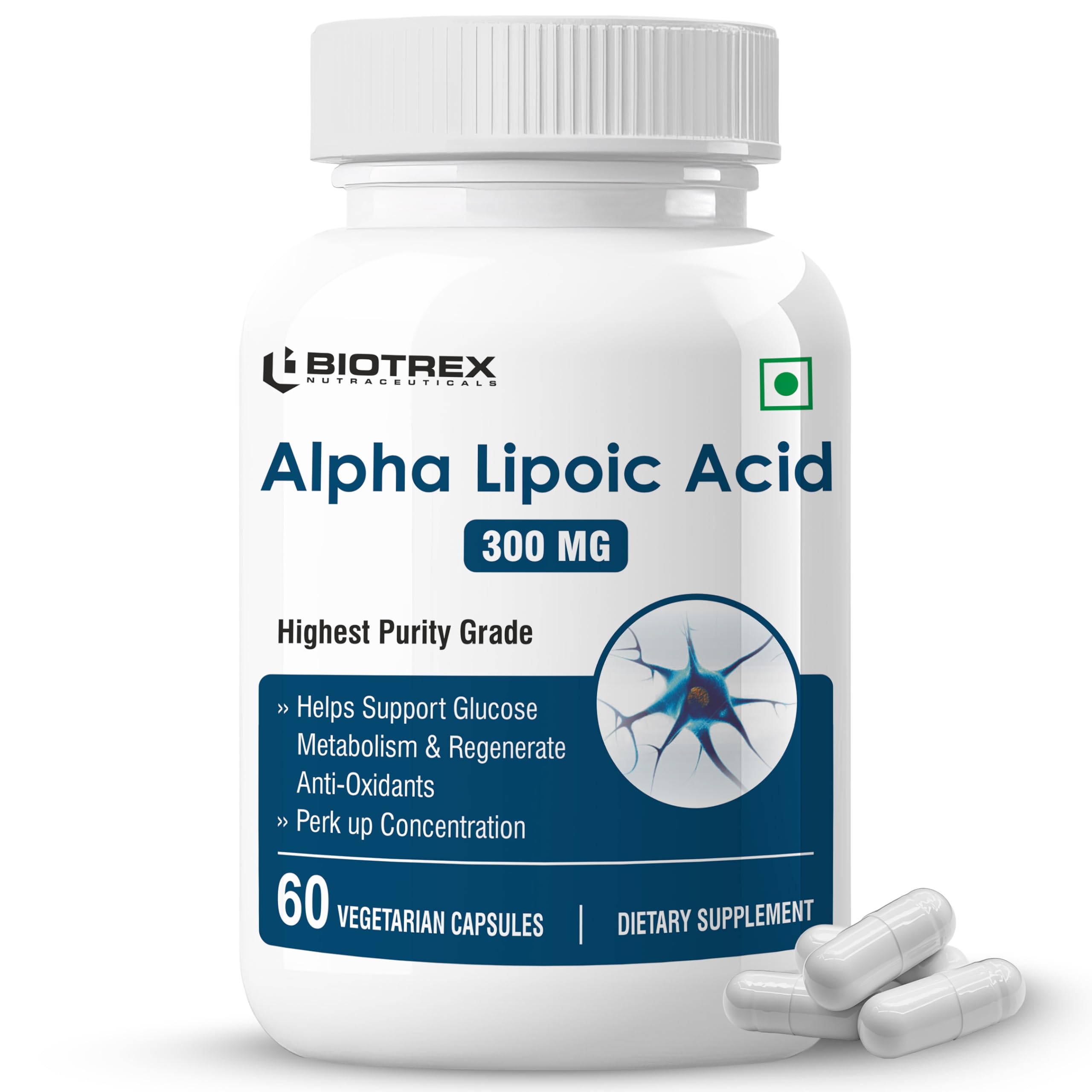 Biotrex Nutraceuticals Alpha Lipoic Acid (ALA) 300mg | Supports Cognitive & Nerve Health | Potent Antioxidant | Healthy Liver & Skin Health | Immunity | Energy & Metabolism | Non GMO | 60 Veg Capsules