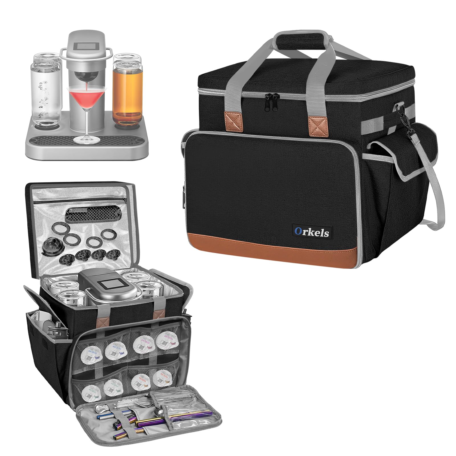 ORKELSTravel Carrying Case Compatible with Bartesian Premium Cocktail Machine, Insulated Cooler Bag for Bartesian Machine with Pockets for Cocktail Capsules, Menu and Other Accessories, Black, OR-15