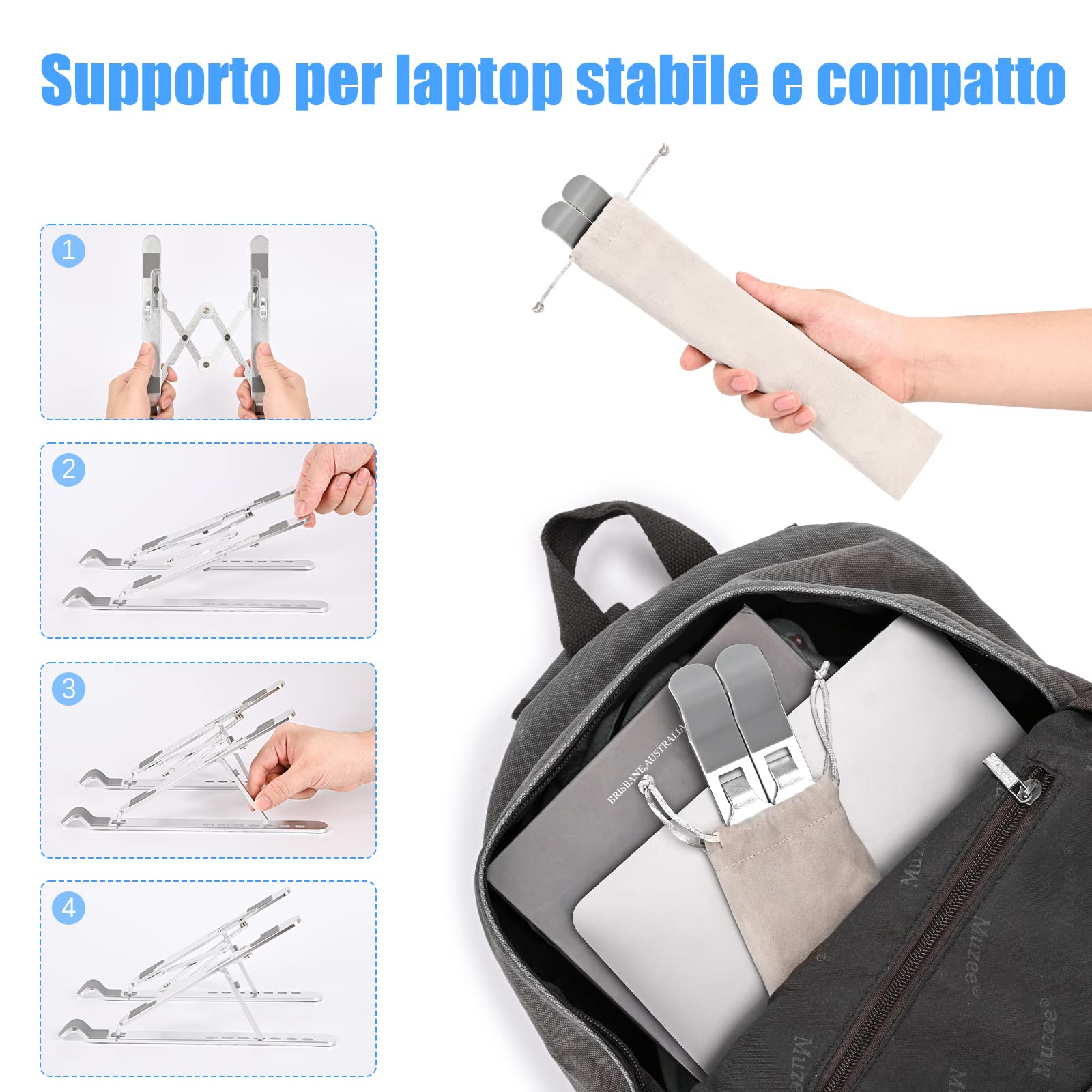 Supporto Per Laptop In Alluminio Artstand - 7 Angolazioni Regolabili, Pieghevole E Portatile, Con Custodia E Organizer Cavi (Compatibile 10-15.6")