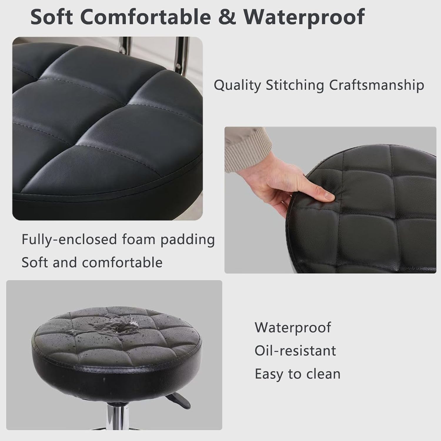 Round Rolling Stool Chair PU Leather,360° Adjustable Stools with Wheels Compact Size & High Weight Capacity Rolling Stool for Tattoo Salon Office Home