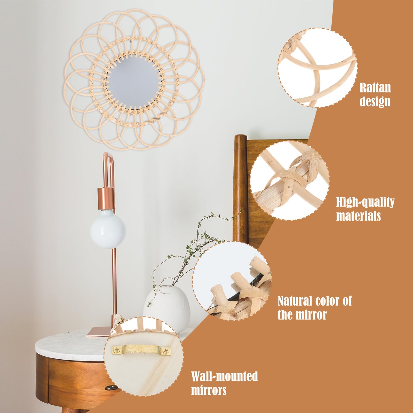 FOMIYES Miroir Mural Rond Décor Nordique, en Rotin Tressé pour Chambre