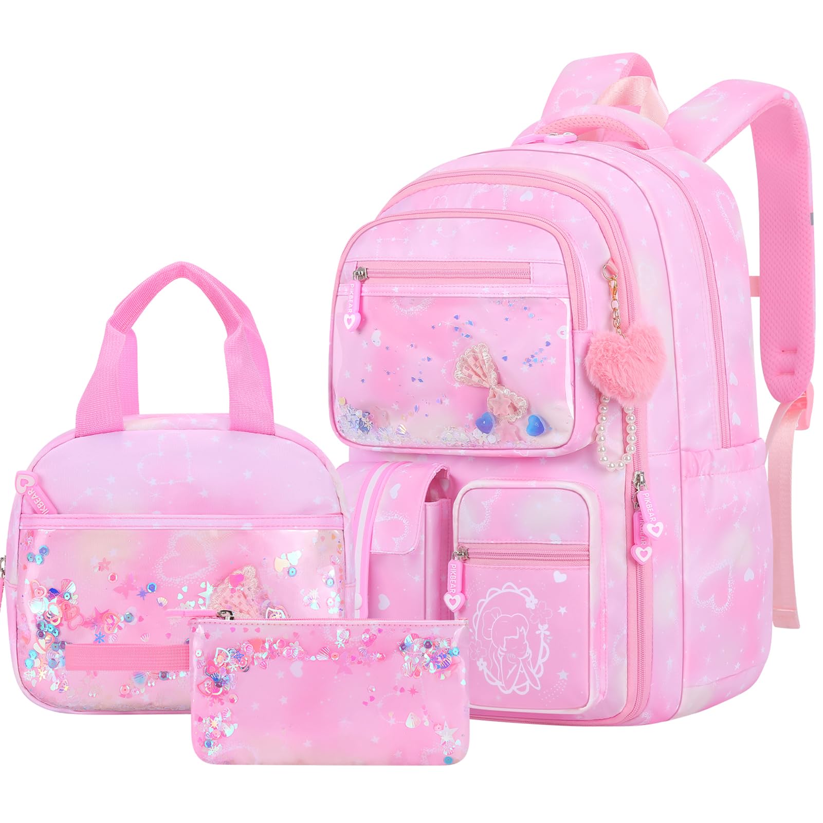 Amythe Zaino Scuola Elementare Bambina 3 Pezzi, Set Zaini Bambina Set 8-15 anni con Sacchetto per Pranzo e Astuccio per Matite, Kawaii Zainetto Ragazza, Rosa