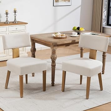 ZJhome Dining Chairs, Fabric Upholstered Wood Kitchen Chairs Set of 2, Linen Curved Backrest Accent Chairs,Farmhouse Modern Dining Chairs with Foot Pad for Kitchen/Living Room/Restaurant/Cafe-Beige