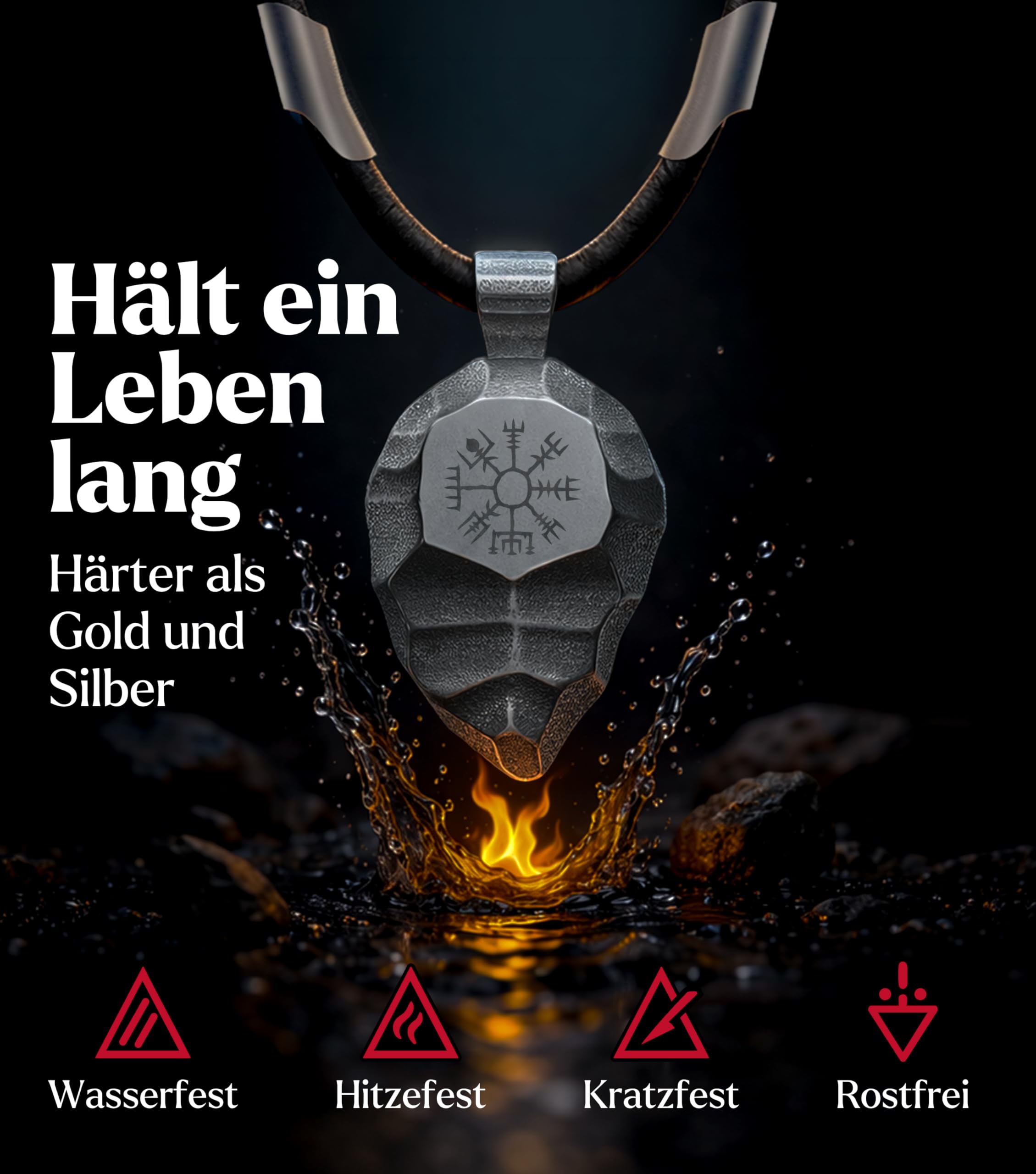 Titan-Anhänger mit Vegvisir Wikinger-Kompass – Halskette aus schwarzem Lederband und robustem Titan – Nordischer Schmuck & Talisman für Herren & Damen