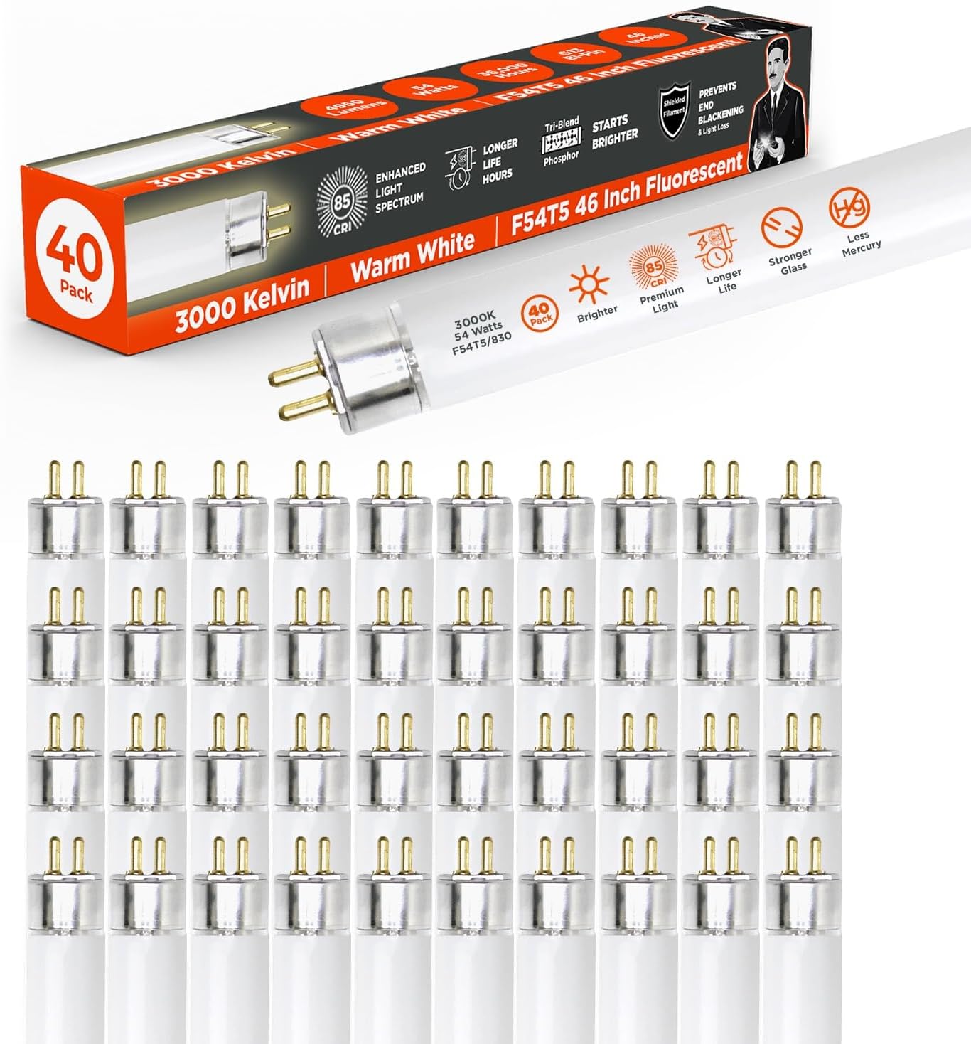 GoodBulb F54T5/830/ECO 54W 46 Inch T5 Fluorescent Light Bulb, 3000K Warm White Medium Bi-Pin Base, 4950 Lumens 85 CRI 36000 Life Hours, Instant/Programmed Start (40 Pack)