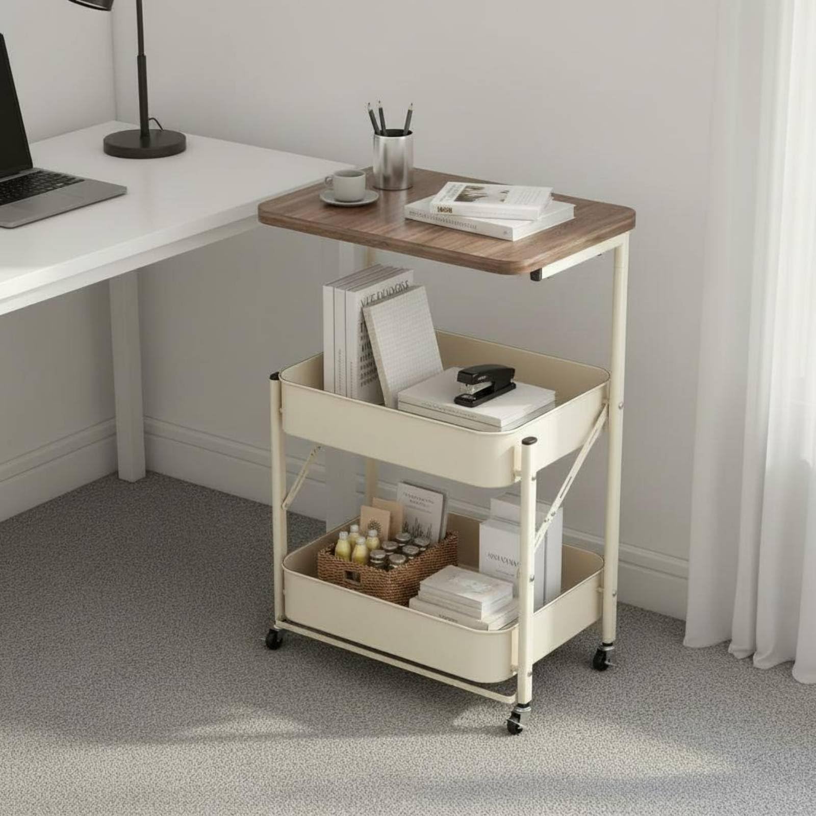 Jiuvaso Carrello Pieghevole Carrello Portaoggetti 3 Ripiani Carrello Portarotelle con Ripiano Superiore in Legno E a Filo Pieghevole Salvaspazio con Ruote, Bianco Crema