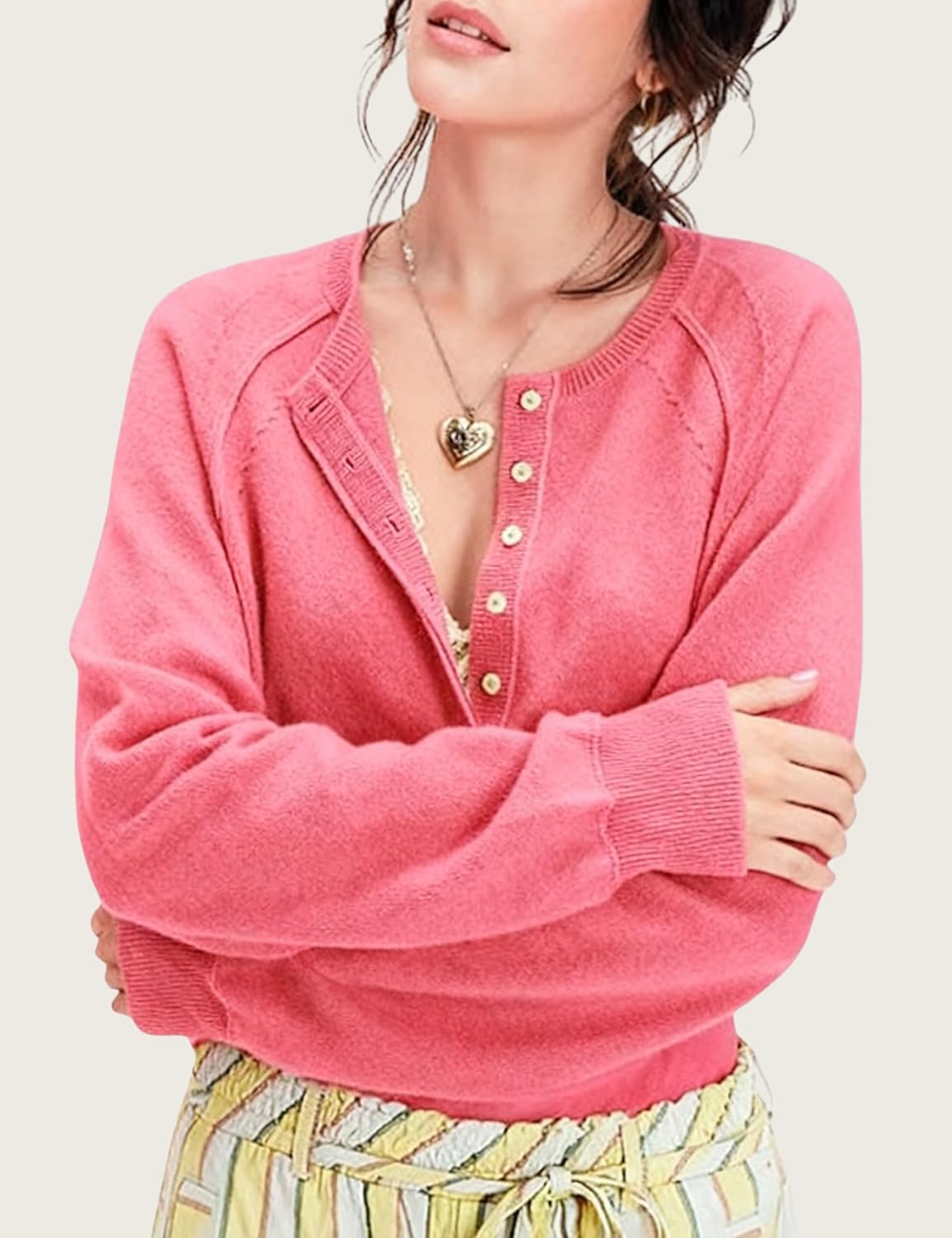 Esmeling Women Casual Button Front Sweater Henley Neck Long Sleeve Knitwear Solid Cropped Pullover Sweater