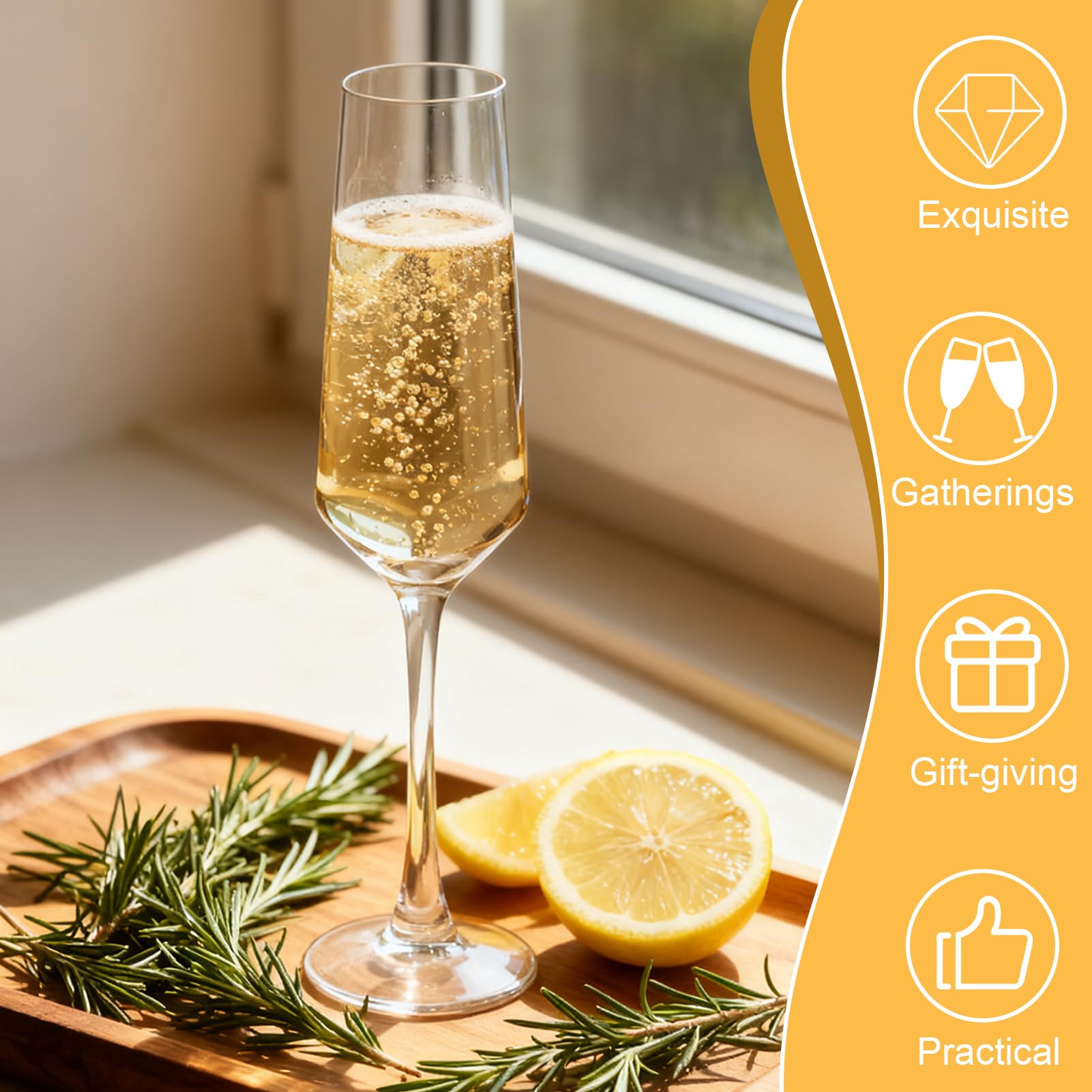 Kristall-Sektgläser, mundgeblasen, elegante Champagnergläser, 185 ml, für Geburtstag, Hochzeit, Jahrestag, transparente Champagnergläser für Feiern und besondere Anlässe, 6 Stück
