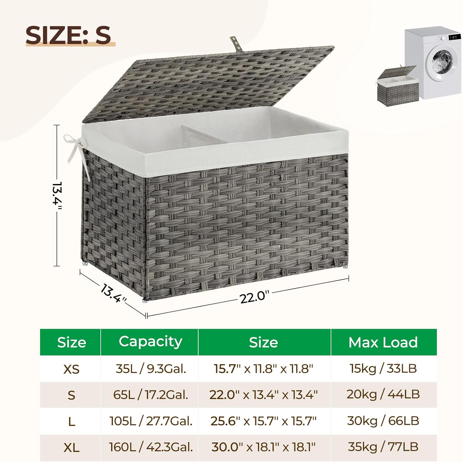 GREENSTELL Storage Basket with Lid, 17.2 Gallon(65L) Small Wicker Blanket Storage Basket with Handles, Foldable, 2 Removable Liner Bags, Metal Frame, for Bedroom, Laundry Room, Grey, 22.2"*13.4"*13.4"