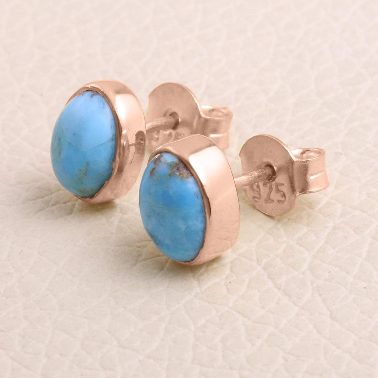 Blue Copper Turquoise Stud Turquoise Earring Sterling Silver Stud Earring Handmade Stud Turquoise Stud Earring 6X8mm Oval Shape Gemstone Earring For Women (ROSE GOLD)