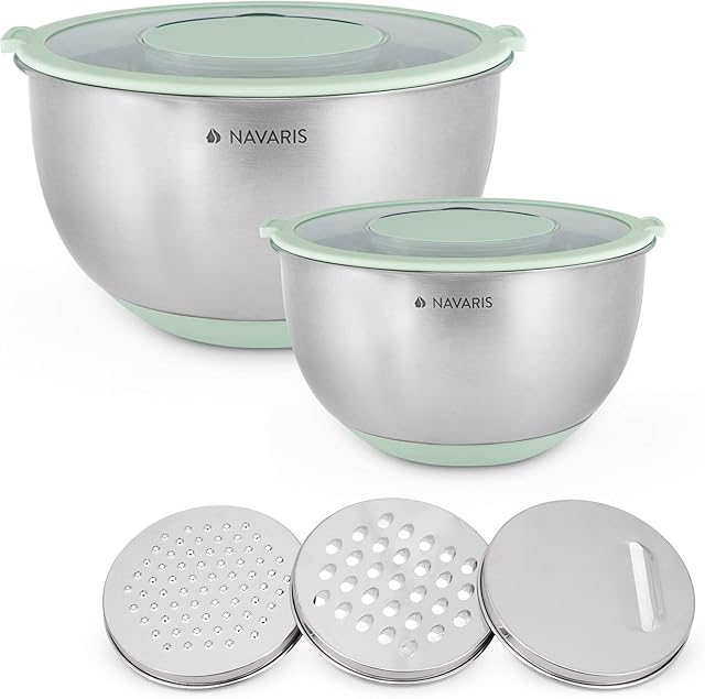 Navaris Stainless Steel Mixing Bowls and Graters - Set of 2 Mixing Bowls w/Lids 3 Graters - 1.4, 4.7L Baking Bowls with 3 Types of Graters - Green