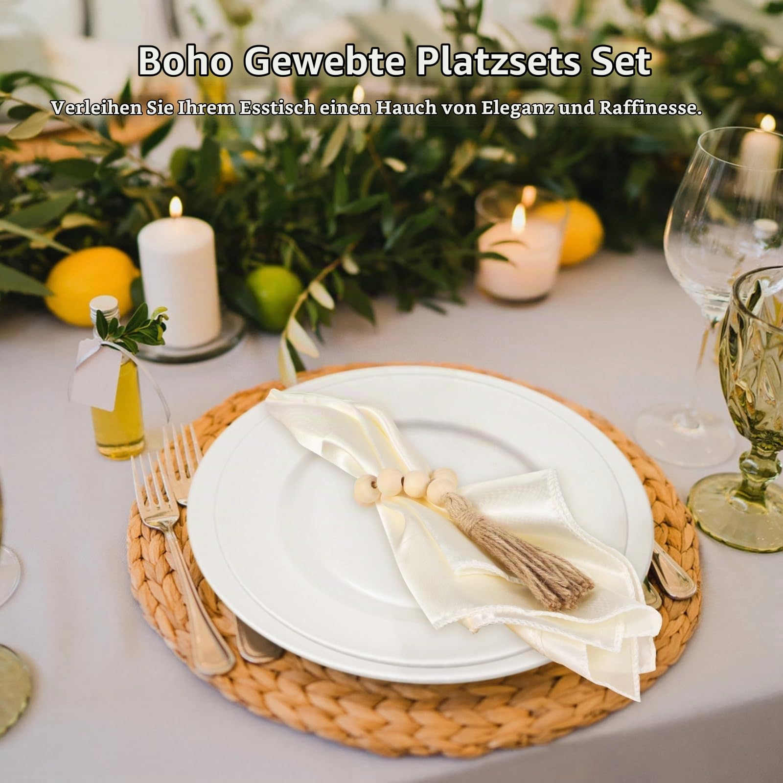 6-teiliges Boho-Wasserhyazinthen-Set, runde geflochtene Tischsets mit Holzperlen-Serviettenringen & Dinner-Servietten, farmhouseartige, hitzebeständige Tischsets