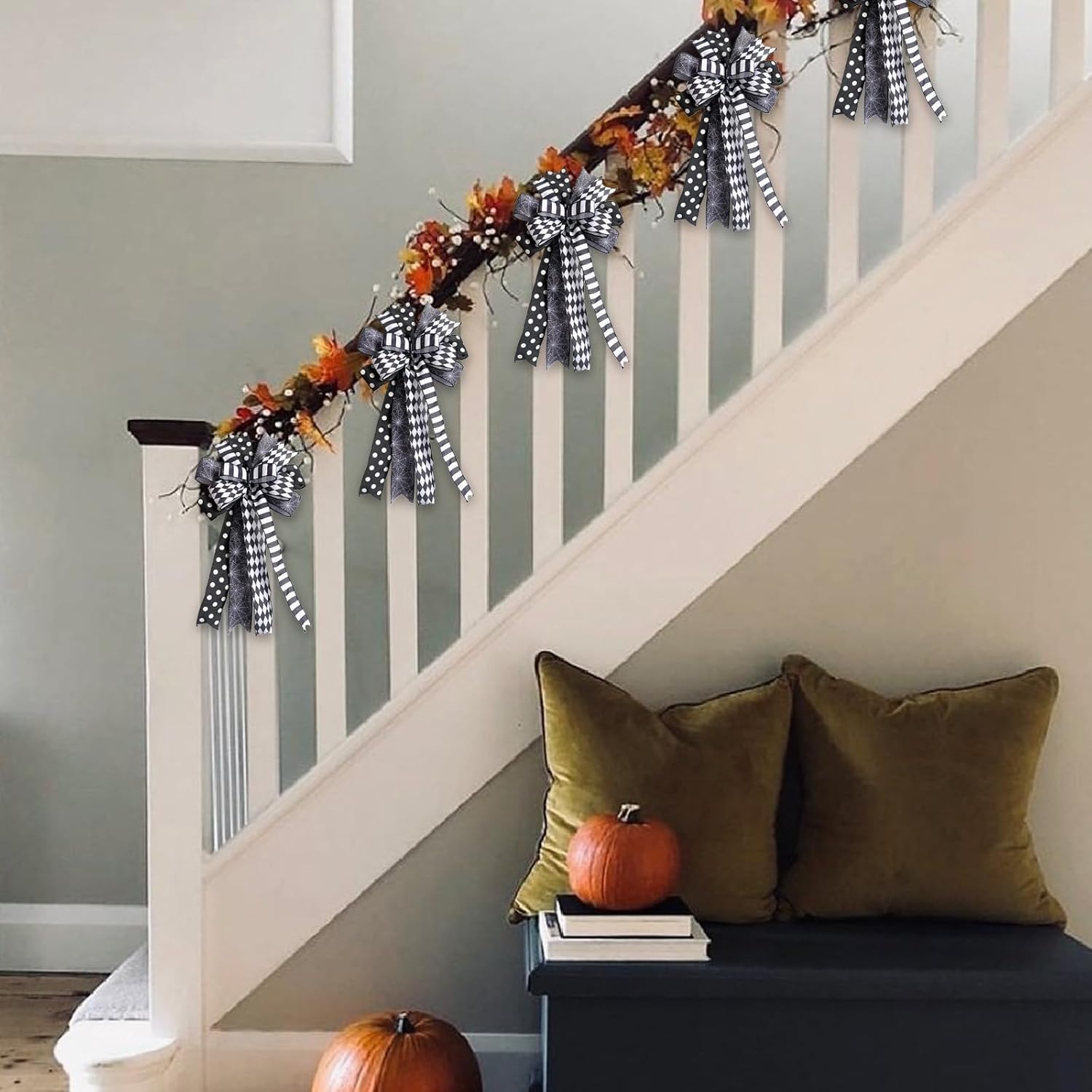 Halloween Bow Set of 2 Black White Bow for Wreath and Home Decoration, Halloween White Black Spiber Web Ribbon for Indoor Outdoor