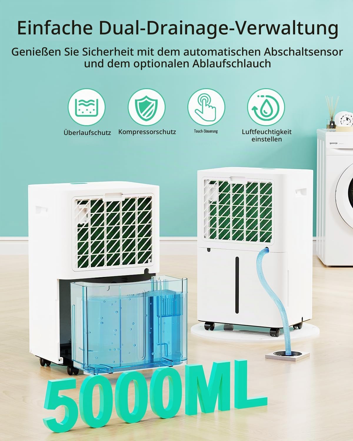 Luftentfeuchter 20L/24h, Elektrischer Entfeuchter mit Kompressor, 3 Modi, Leise und Energiesparend, Kontinuierliche Entwässerung, Tank 5 L, 24-Stunden-Timer, Luftentfeuchter für zu Hause