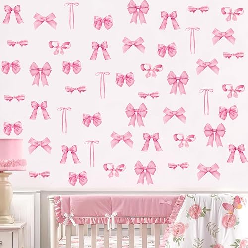 Arawat 8Sheets/56 Pcs Pink Coquette Bow Room Decor for Bathroom Women Bedroom Aesthetic Room Decor Bow wall Decoration for Bedroom Pink Bows wall Stickers Decals Peel and Stick - #J 8 Sheets Bowtie Wall Stickers