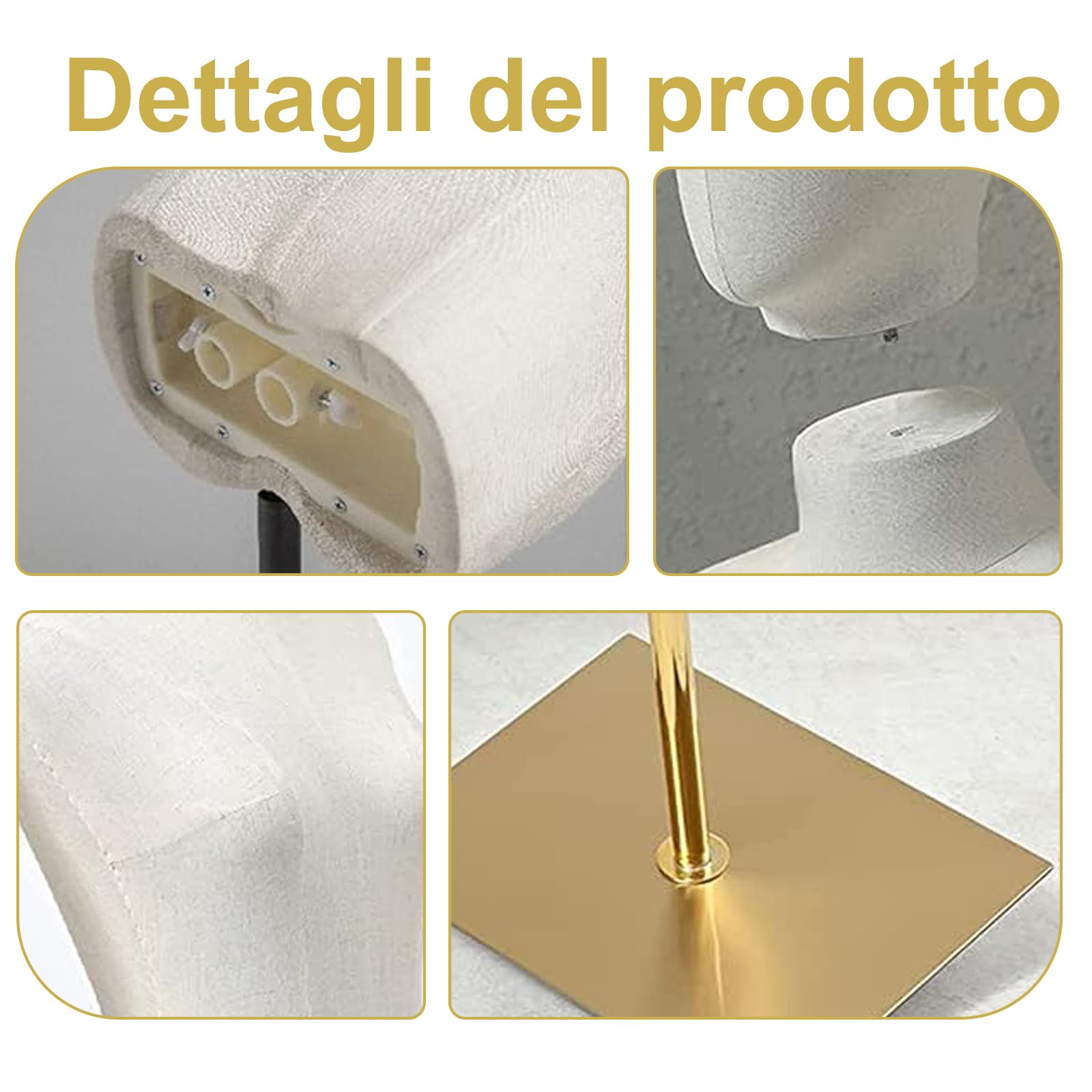 Manichino femminile a forma di busto, corpo manichino con testa staccabile, mani in legno e supporto regolabile in altezza dorato, per esposizione di gioielli, beige (oro)