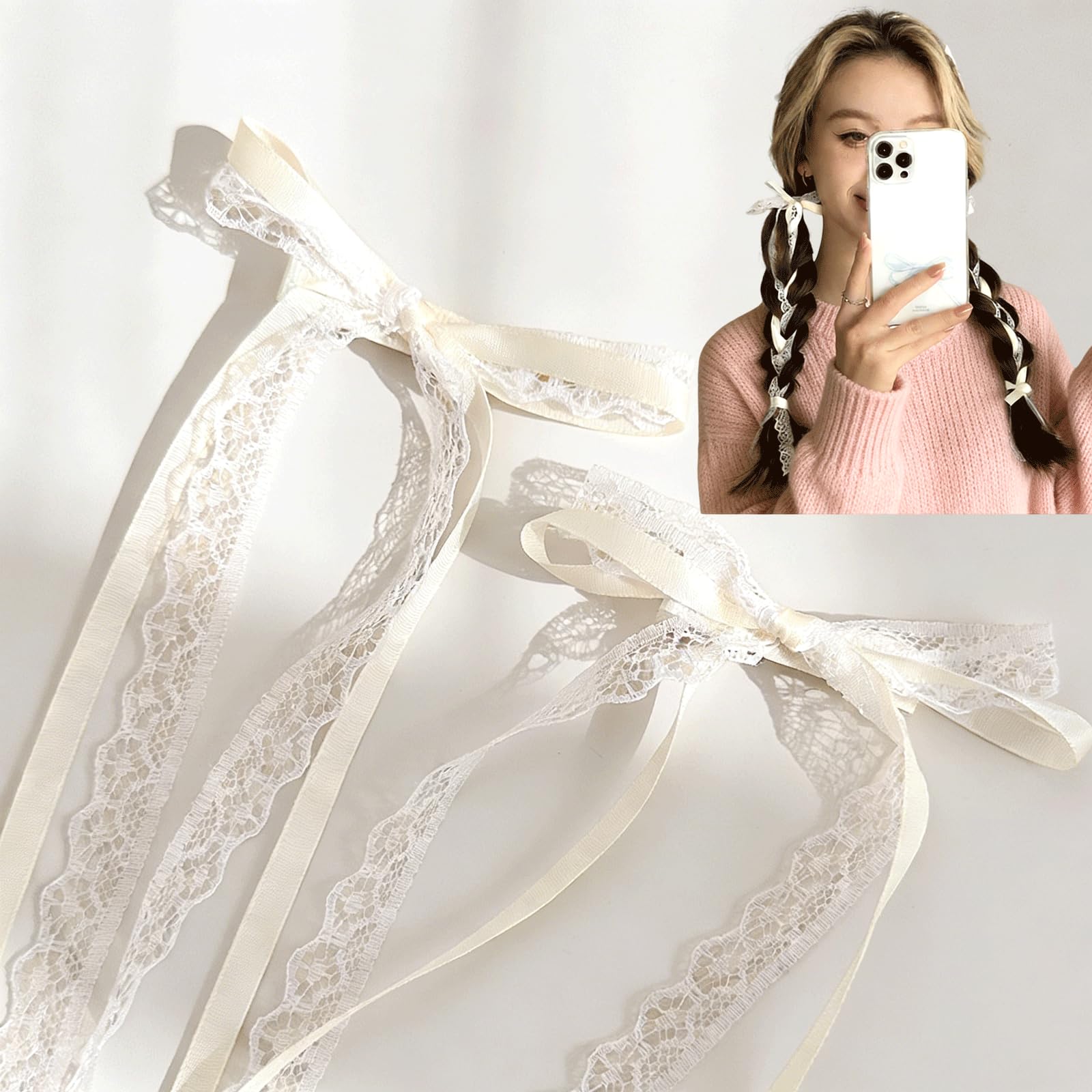 Photo 1 of 4PCS Lace Hair Bow Clips, Long Tail Ribbon Hair Bows for Women